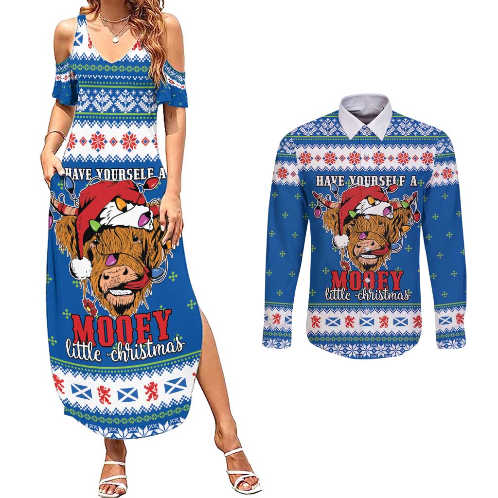 Scotland Christmas Couples Matching Summer Maxi Dress and Long Sleeve Button Shirt Mooey Xmas Highland Cow LT05 - Wonder Print Shop