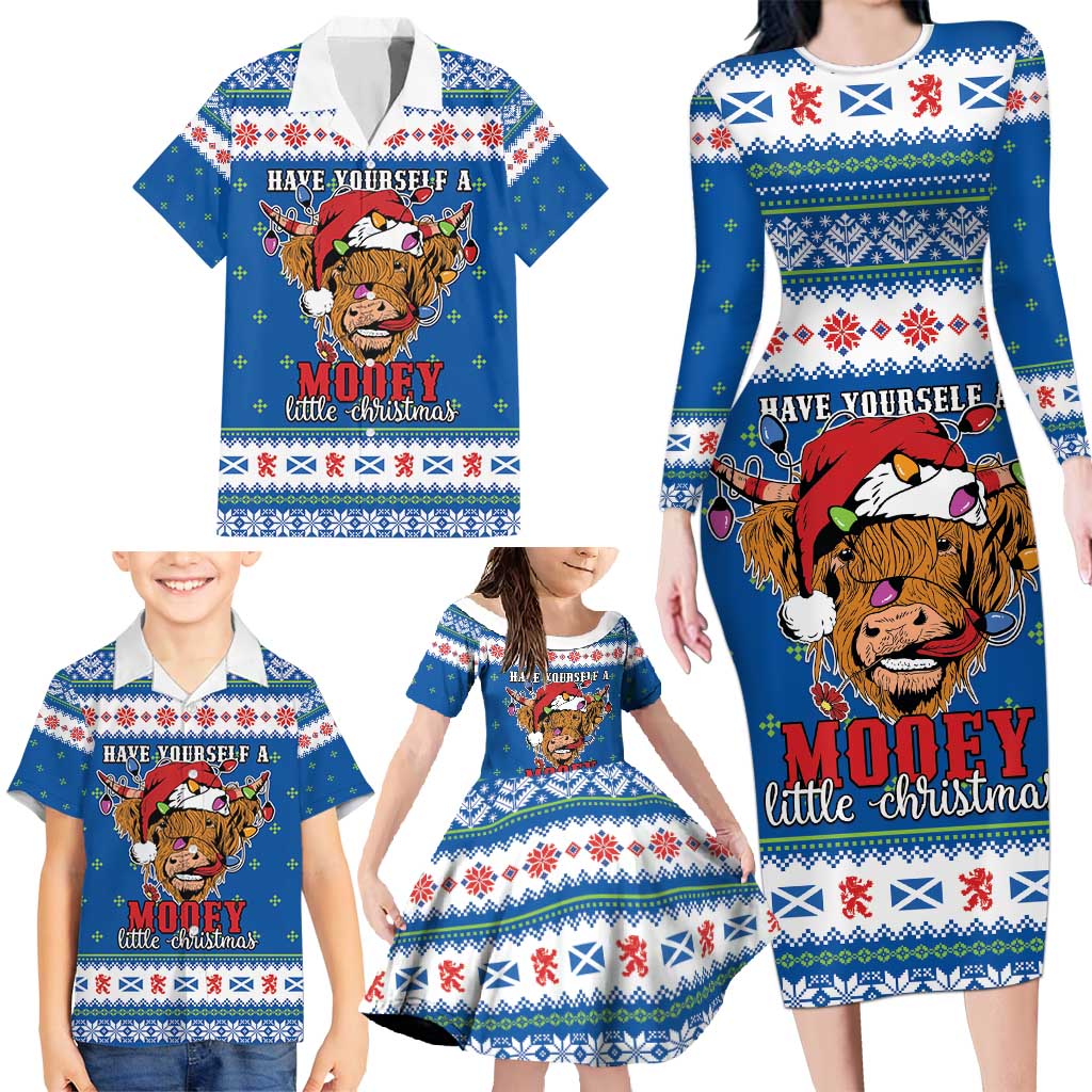 Scotland Christmas Family Matching Long Sleeve Bodycon Dress and Hawaiian Shirt Mooey Xmas Highland Cow LT05 - Wonder Print Shop