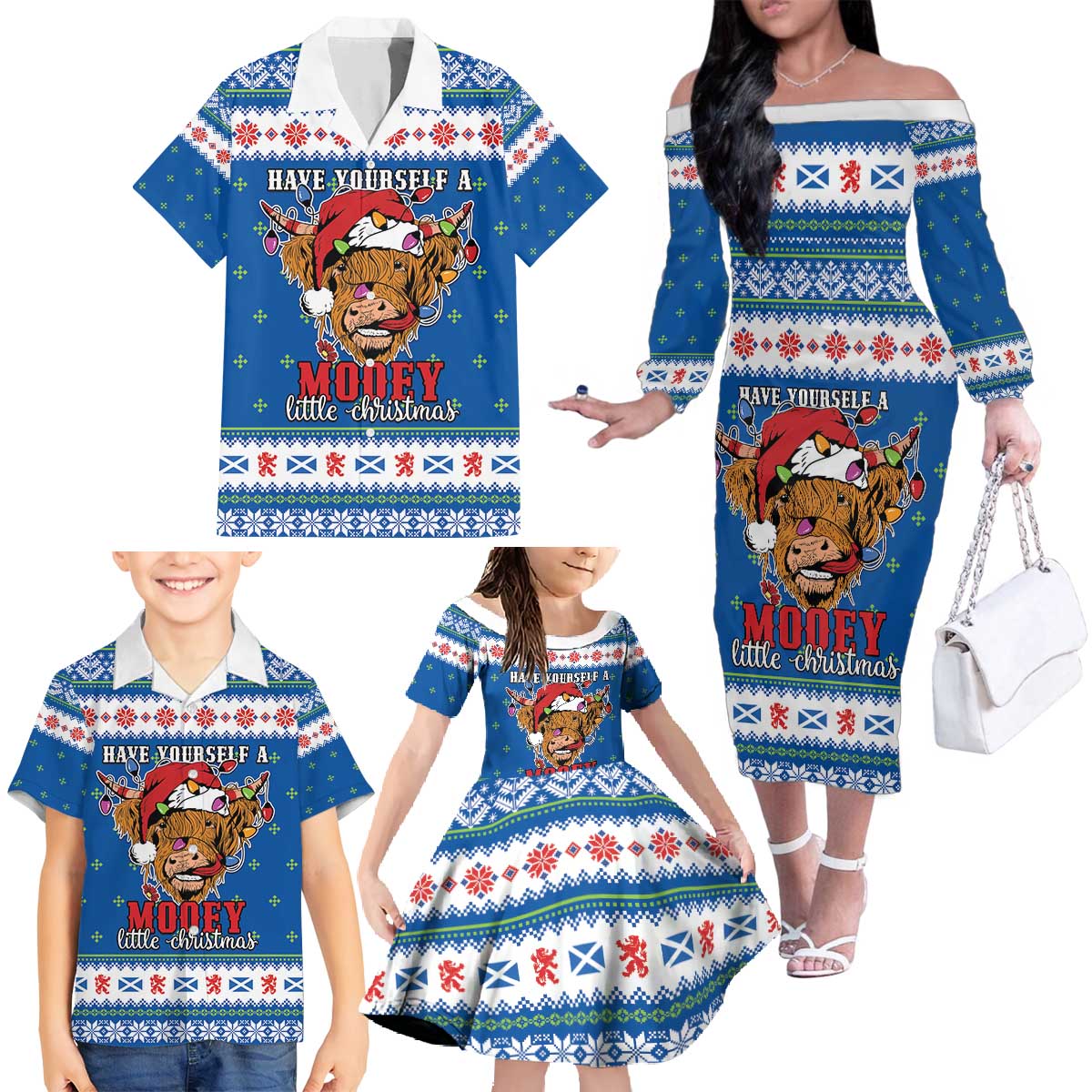 Scotland Christmas Family Matching Off The Shoulder Long Sleeve Dress and Hawaiian Shirt Mooey Xmas Highland Cow LT05 - Wonder Print Shop