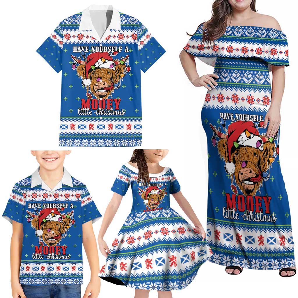 Scotland Christmas Family Matching Off Shoulder Maxi Dress and Hawaiian Shirt Mooey Xmas Highland Cow LT05 - Wonder Print Shop