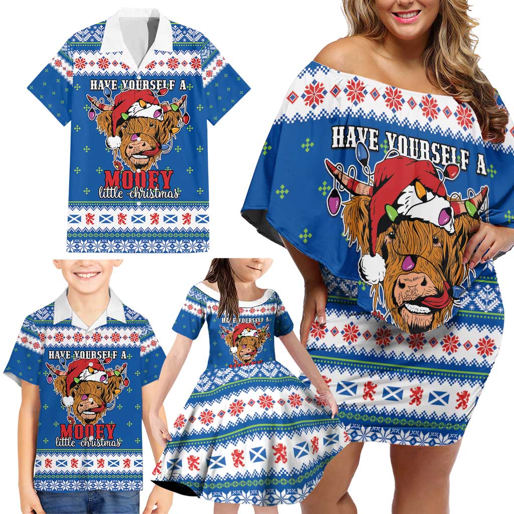 Scotland Christmas Family Matching Off Shoulder Short Dress and Hawaiian Shirt Mooey Xmas Highland Cow LT05 - Wonder Print Shop