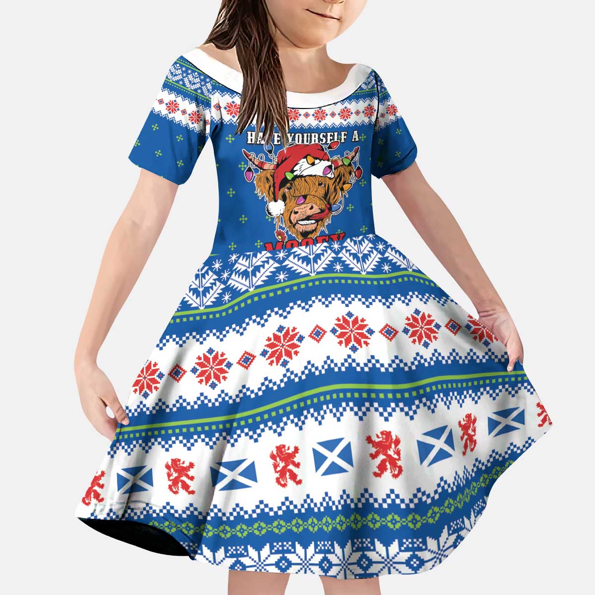 Scotland Christmas Kid Short Sleeve Dress Mooey Xmas Highland Cow LT05 - Wonder Print Shop