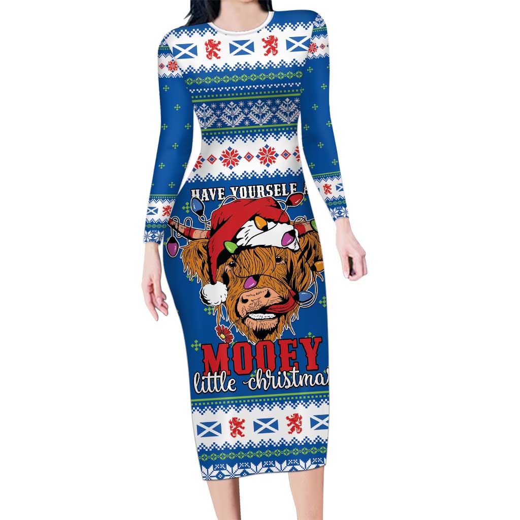 Scotland Christmas Long Sleeve Bodycon Dress Mooey Xmas Highland Cow LT05 - Wonder Print Shop