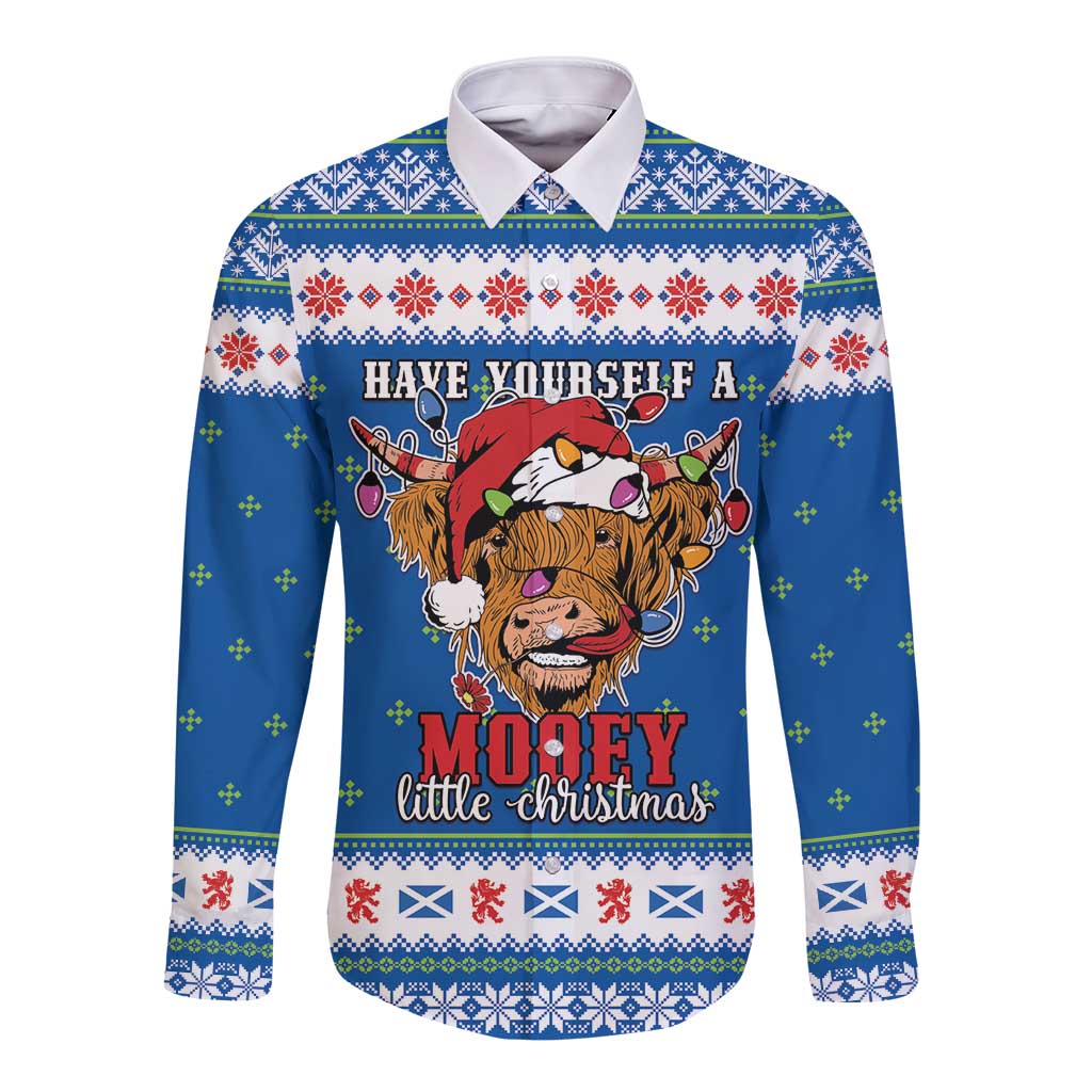 Blue unisex long-sleeve button shirt with front highland cow graphic and 'MONEY little christmas'