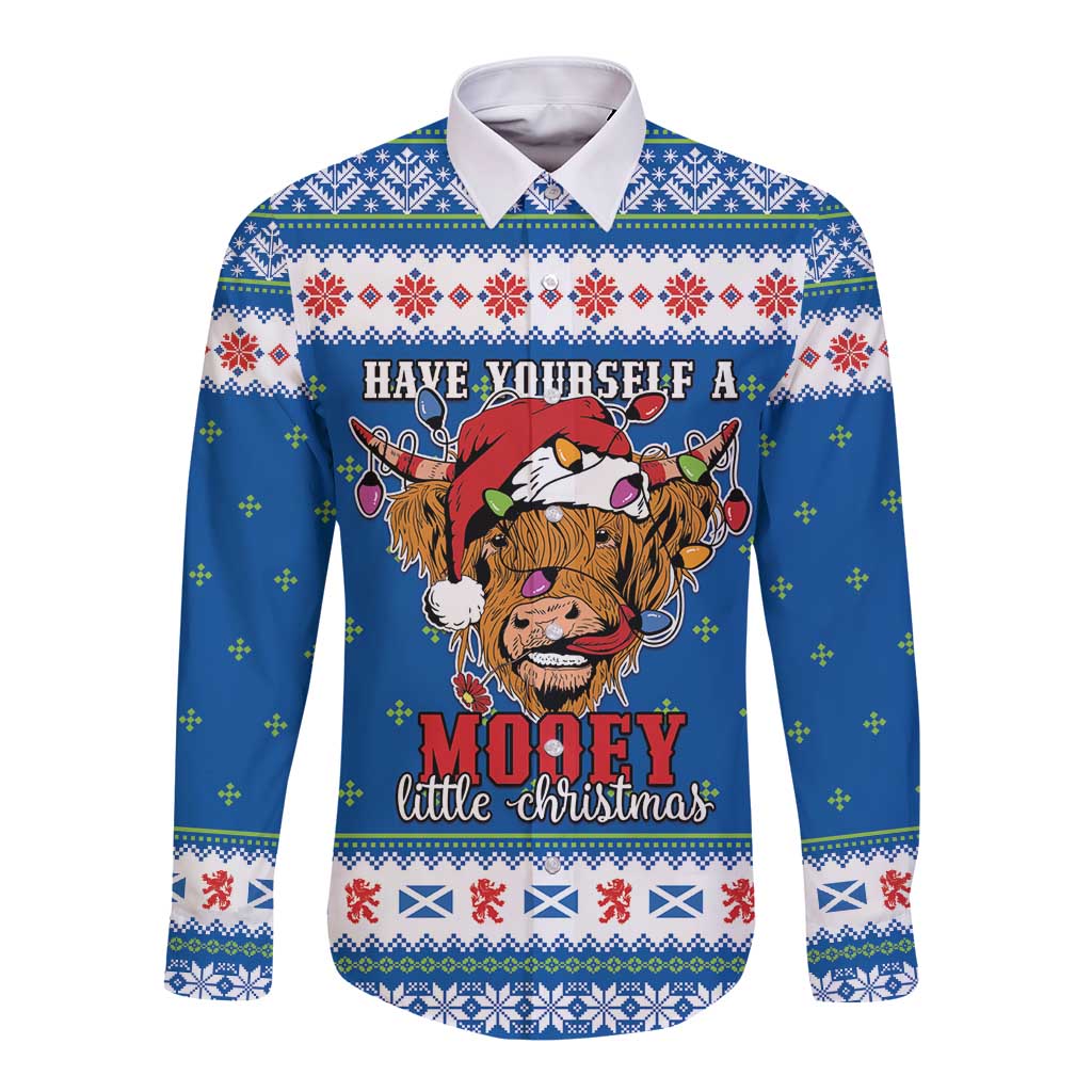 Scotland Christmas Long Sleeve Button Shirt Mooey Xmas Highland Cow LT05 - Wonder Print Shop