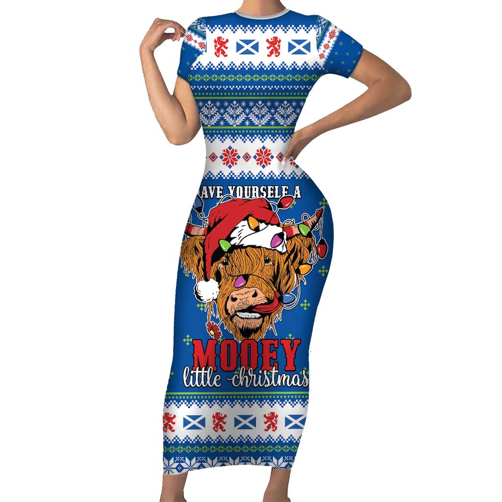 Scotland Christmas Short Sleeve Bodycon Dress Mooey Xmas Highland Cow