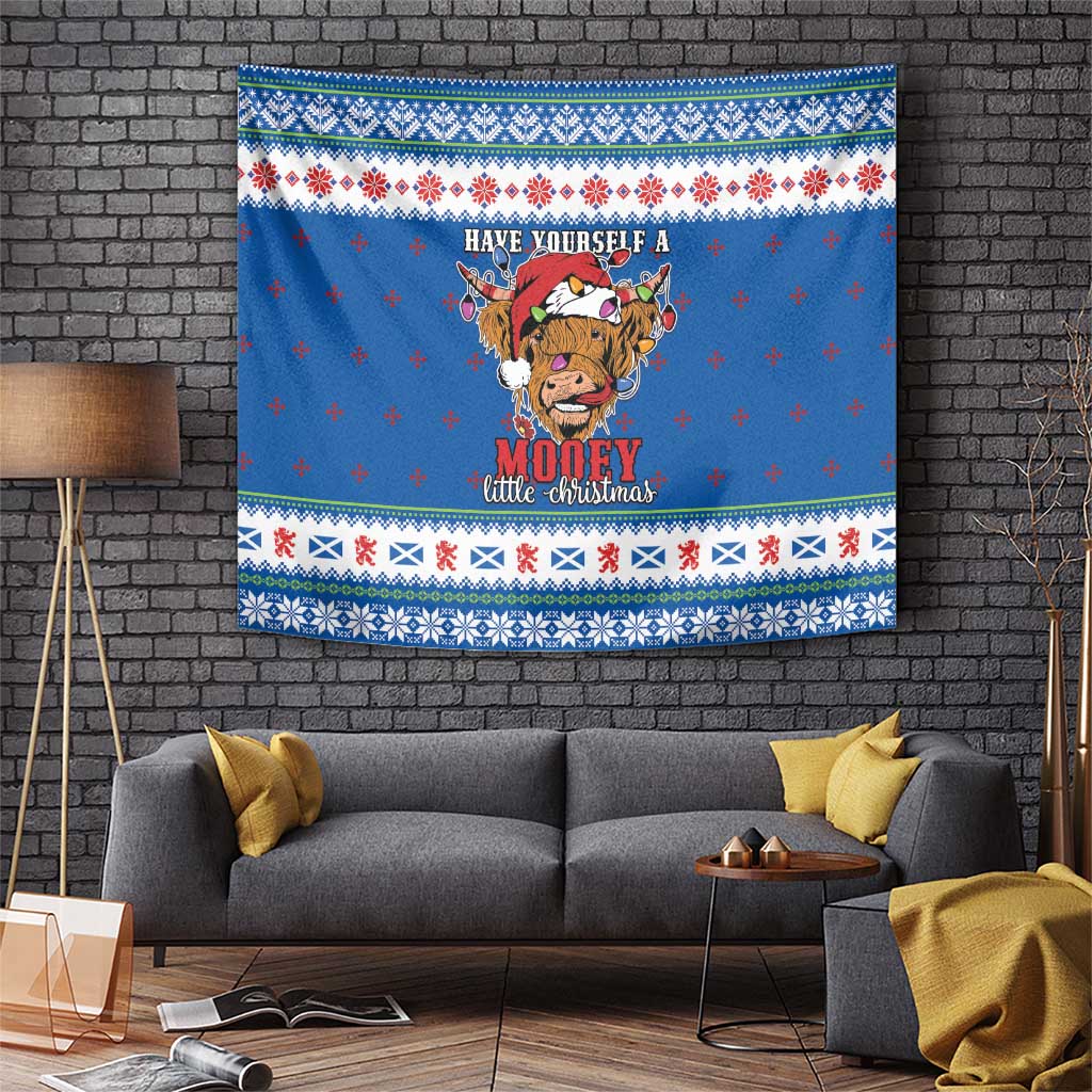 Blue Christmas tapestry with Highland cow illustration and festive border, rectangular wall hanging