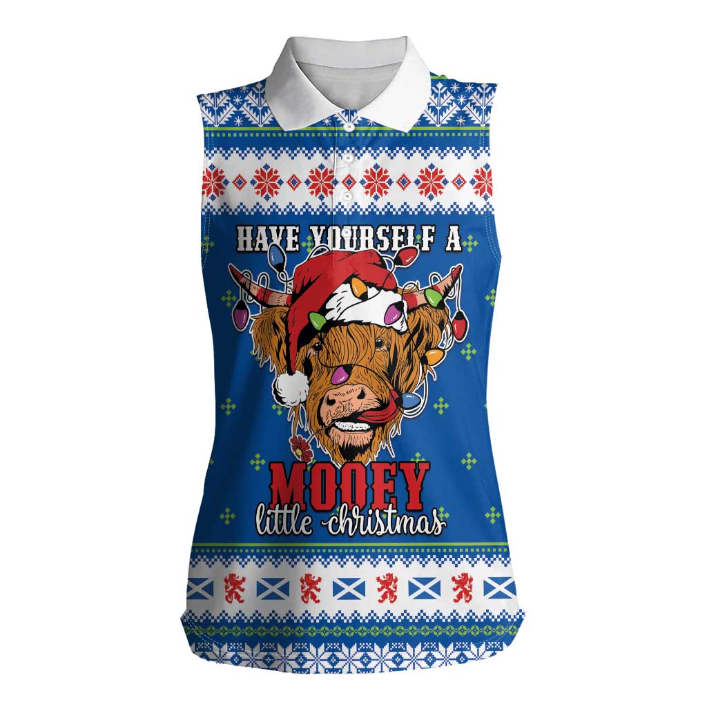 Scotland Christmas Women Sleeveless Polo Shirt Mooey Xmas Highland Cow