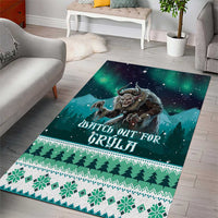 Green and teal Christmas area rug with Gryla illustration, “U!SATCH OUT FOR GRYLA” text