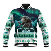 Unisex green baseball jacket with monster graphic, button front, striped ribbed trim