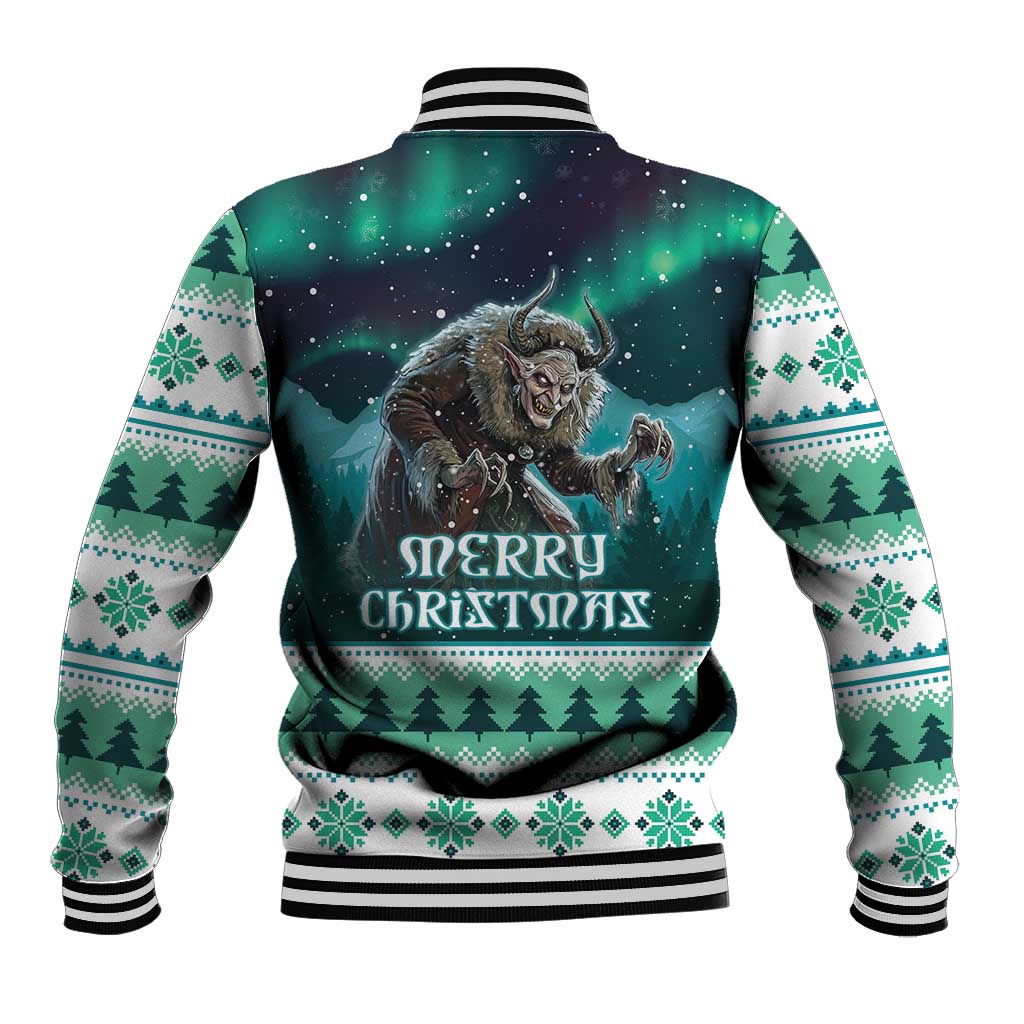 Unisex green baseball jacket with back Merry Christmas text, monster and winter pattern