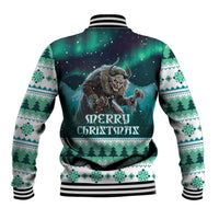 Unisex green baseball jacket with back Merry Christmas text, monster and winter pattern