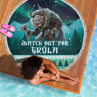 Round green beach blanket with white fringe, Gryla monster and forest pattern