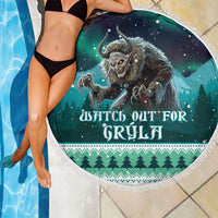 Round green beach blanket by pool, Gryla monster print with stars and trees