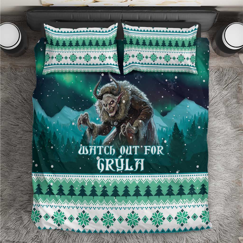 Green Christmas bedding set with Grýla folklore print and matching pillowcases