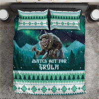 Green Christmas bedding set with Grýla folklore print and matching pillowcases