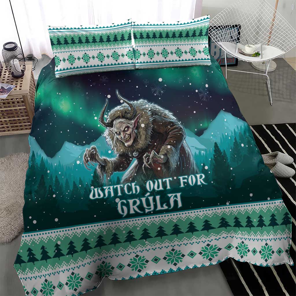 Green Christmas bedding set with Icelandic Gryla folklore print
