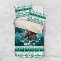 Green Christmas bedding set with Grýla graphic and Nordic pattern