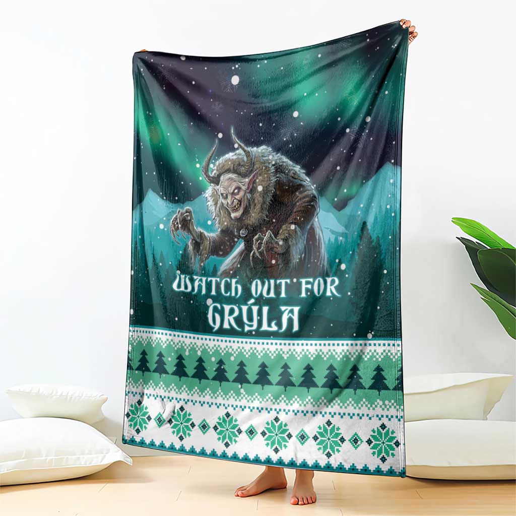 Green Christmas throw blanket with Gryla under night stars and white snowflake band