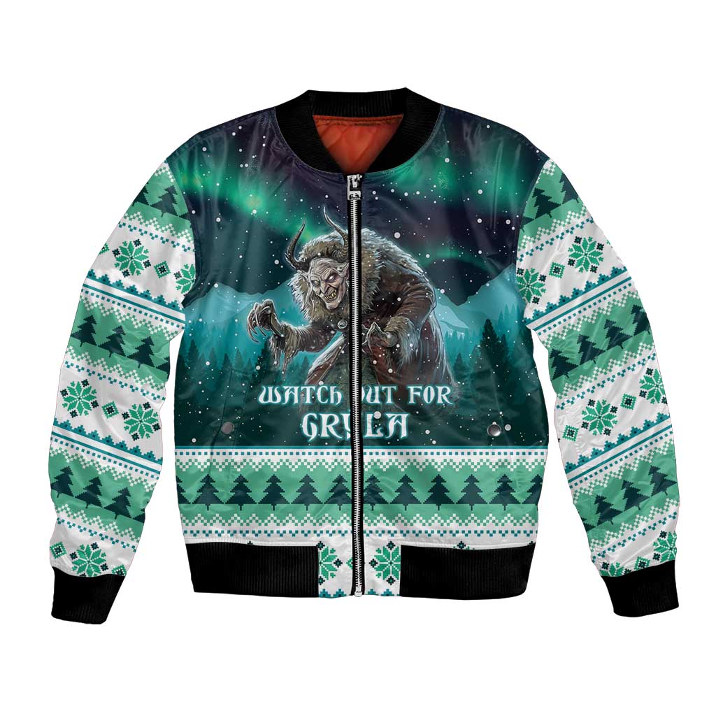 Unisex green bomber jacket with festive creature graphic, zip front, patterned sleeves