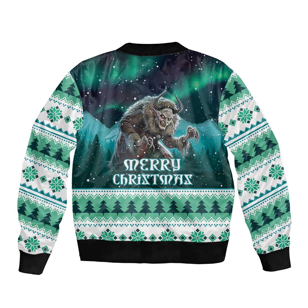 Unisex green bomber jacket with "Merry Christmas" print, ribbed cuffs, back view