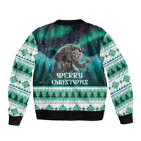 Unisex green bomber jacket with "Merry Christmas" print, ribbed cuffs, back view