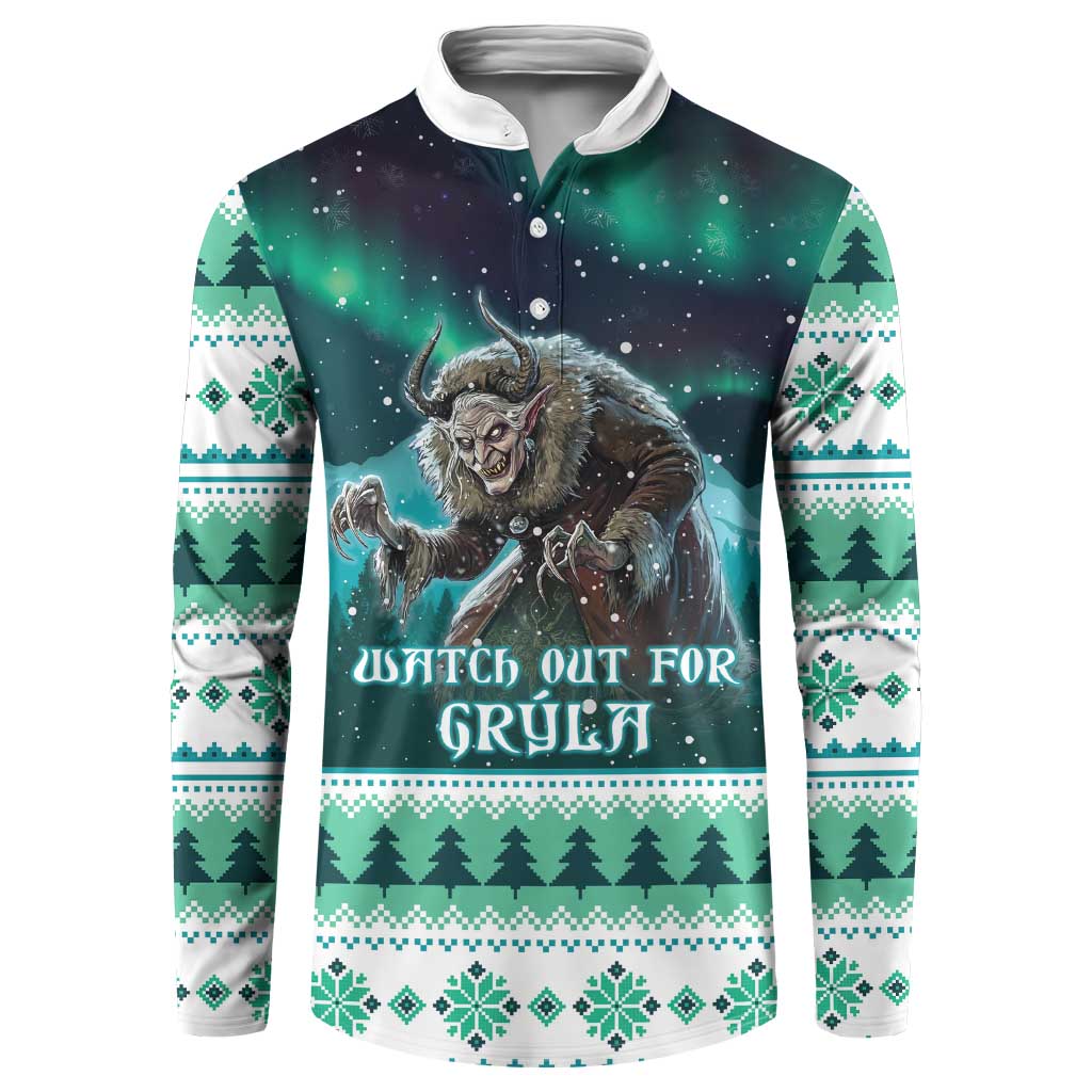 Green button sweatshirt with Gryla monster front graphic and festive snowflake pattern