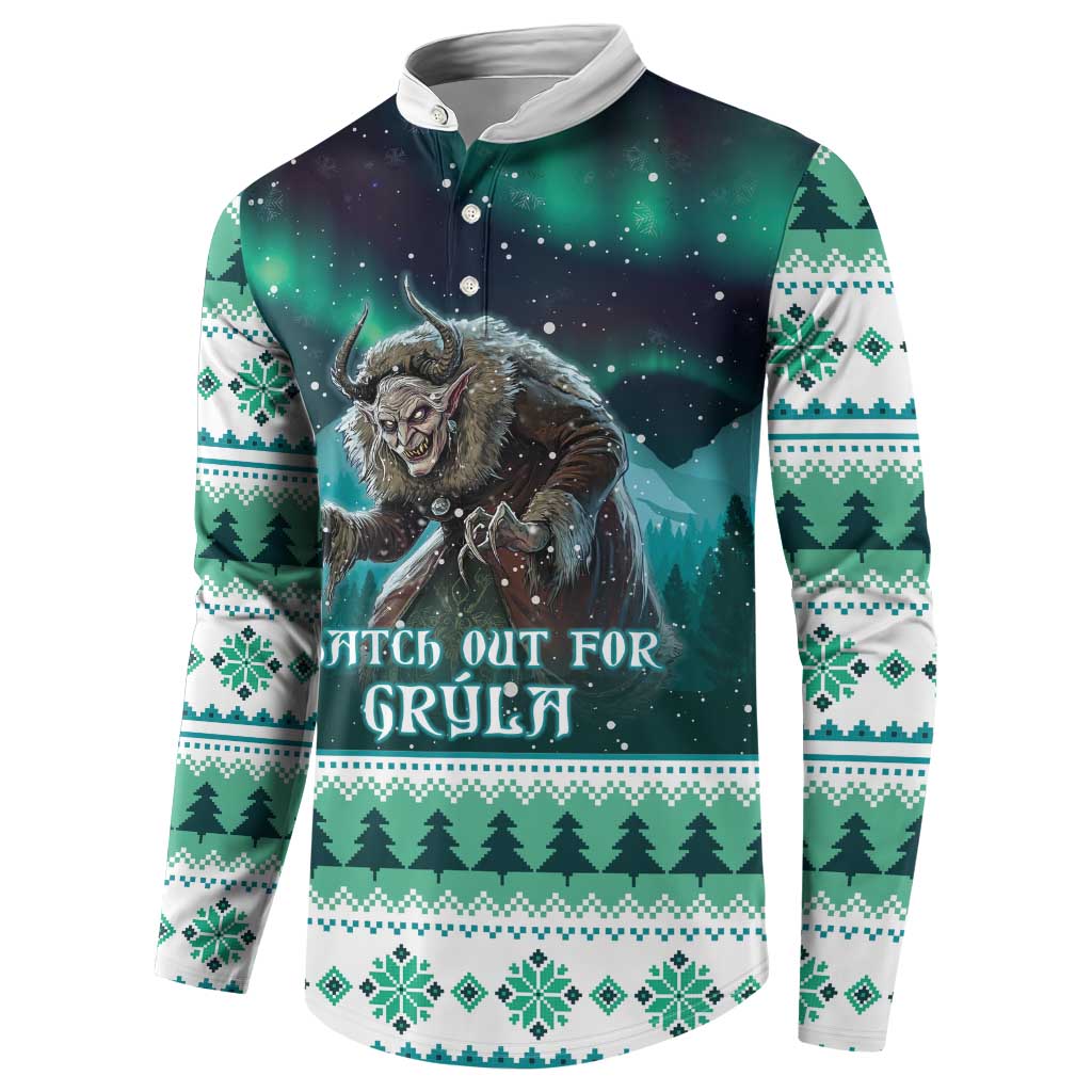 Green button henley sweatshirt featuring Gryla graphic and forest tree trim sleeves