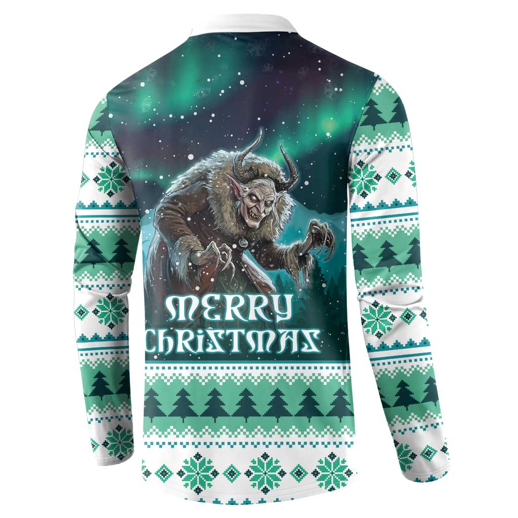Green button sweatshirt with Merry Christmas Gryla graphic on the back and tree border