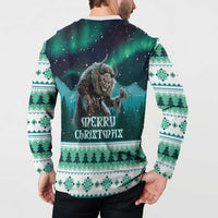 Green Christmas button henley sweatshirt on model with Merry Christmas Gryla back graphic