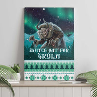 Green canvas wall art featuring a horned troll-like figure over a “WATCH OUT FOR GRYLA” headline