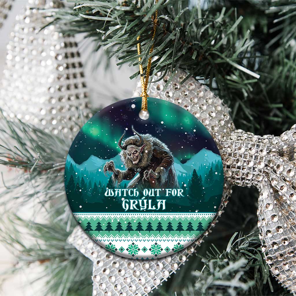 Ceramic round ornament close-up with Gryla and “Watch out for Gryla” text