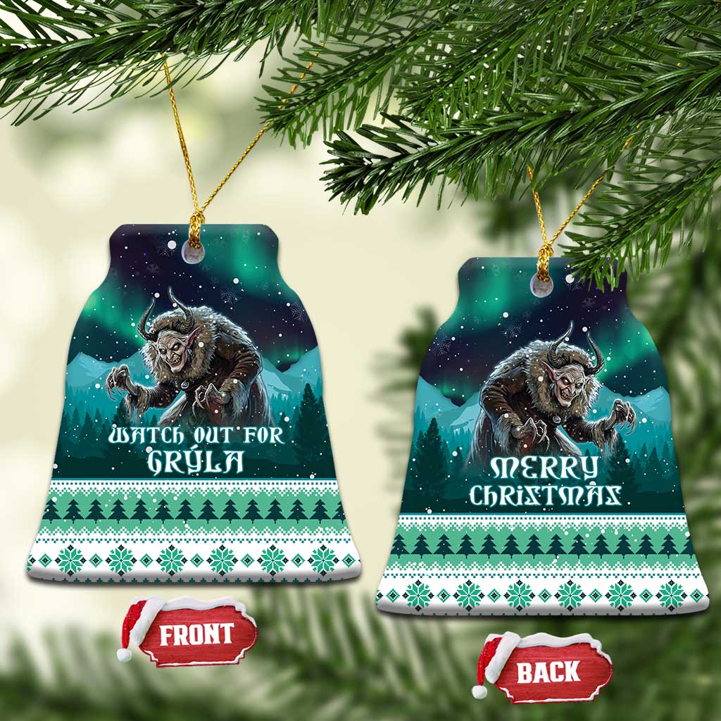 Ceramic Christmas ornament pair showing Gryla front and “Merry Christmas” back