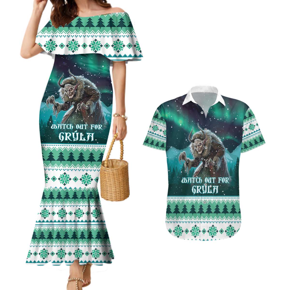 Iceland Christmas Couples Matching Mermaid Dress and Hawaiian Shirt Icelandic Folklore Evil Mother Gryla LT05 - Wonder Print Shop