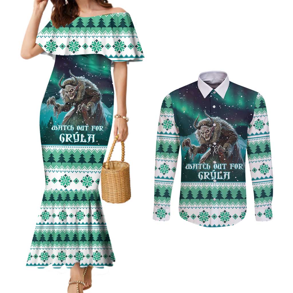 Iceland Christmas Couples Matching Mermaid Dress and Long Sleeve Button Shirt Icelandic Folklore Evil Mother Gryla