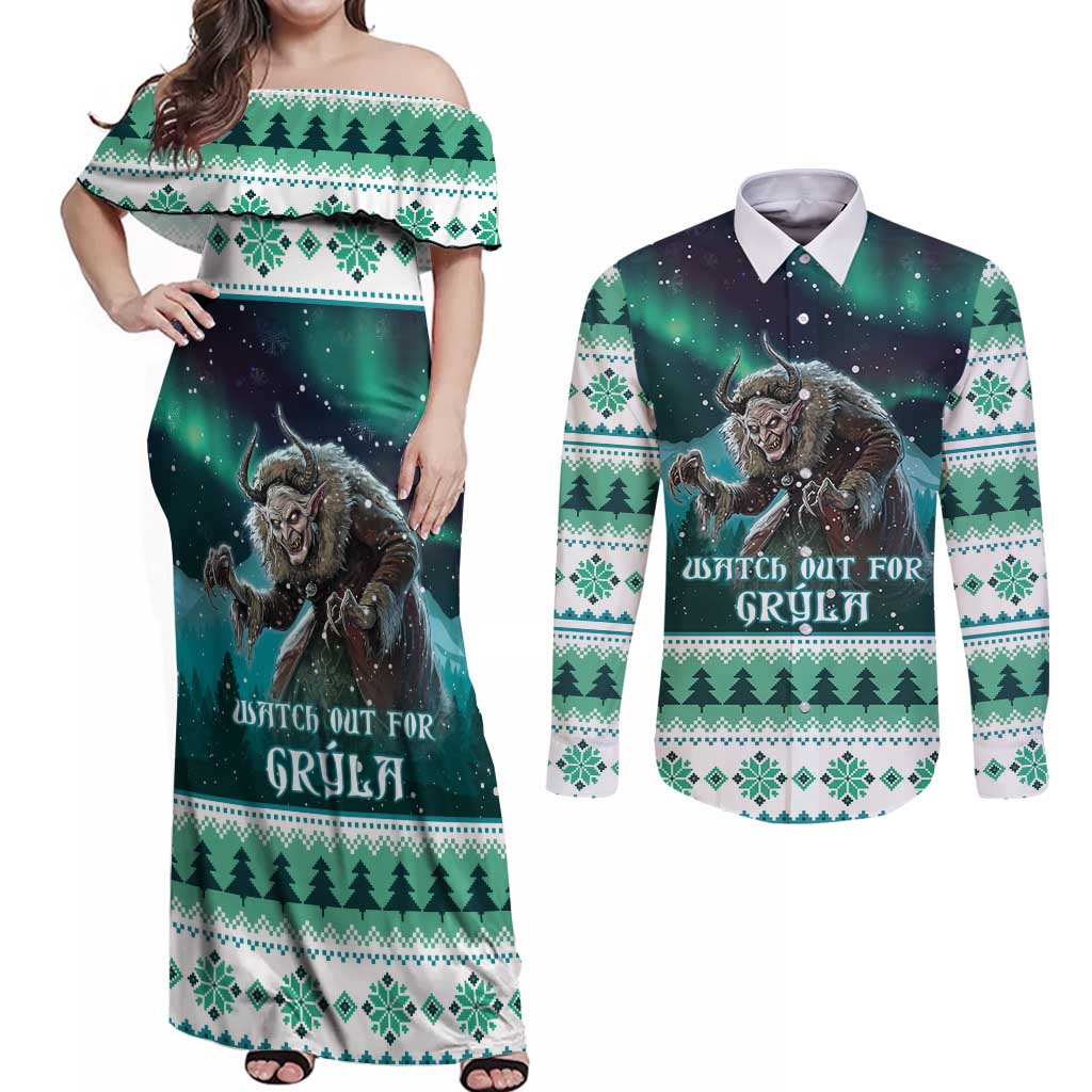 Iceland Christmas Couples Matching Off Shoulder Maxi Dress and Long Sleeve Button Shirt Icelandic Folklore Evil Mother Gryla LT05 - Wonder Print Shop