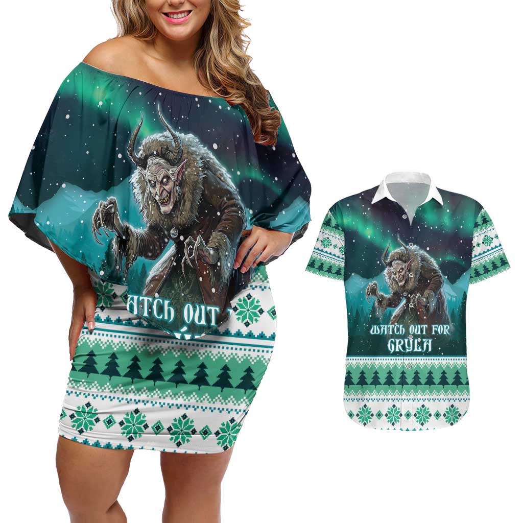 Iceland Christmas Couples Matching Off Shoulder Short Dress and Hawaiian Shirt Icelandic Folklore Evil Mother Gryla LT05 - Wonder Print Shop