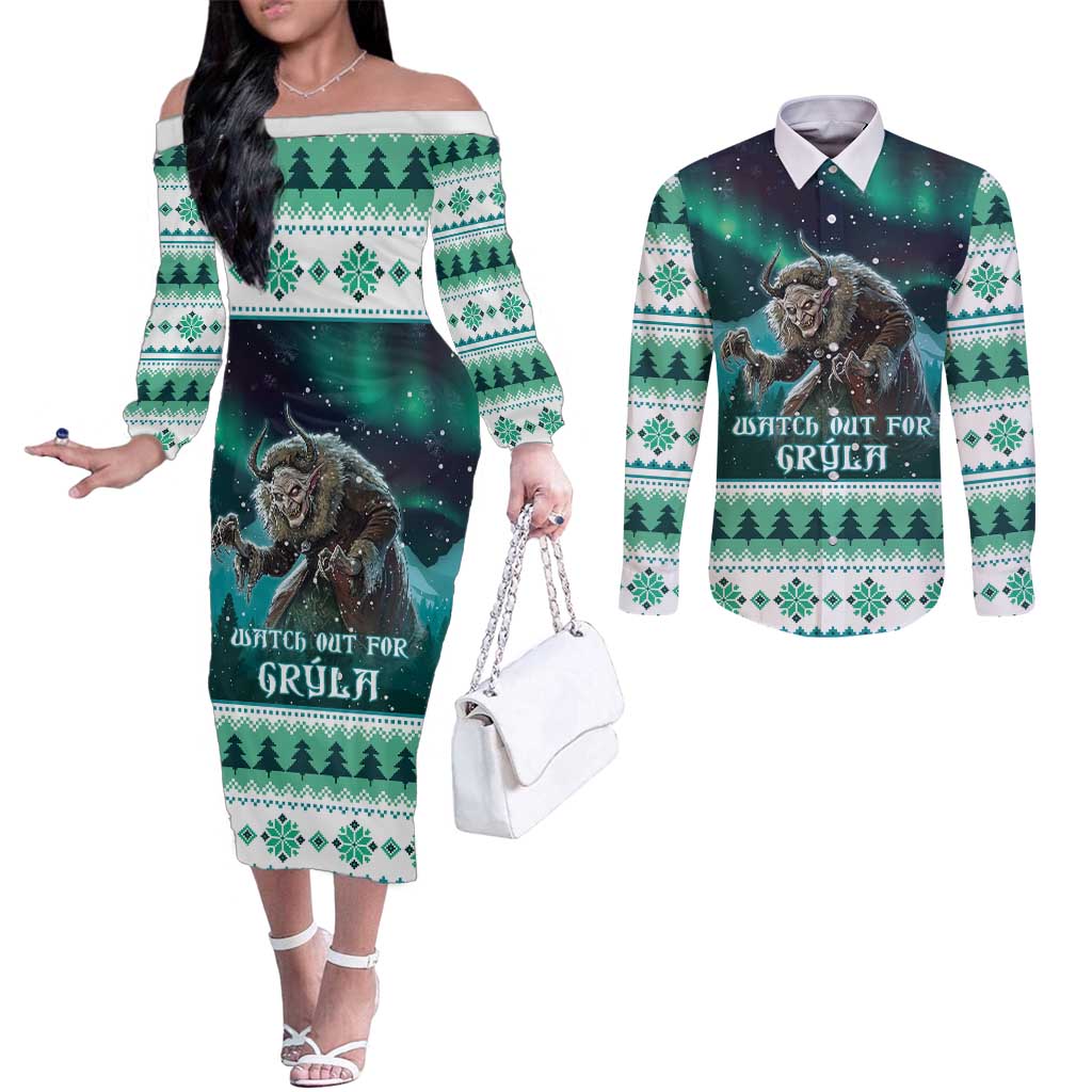 Iceland Christmas Couples Matching Off The Shoulder Long Sleeve Dress and Long Sleeve Button Shirt Icelandic Folklore Evil Mother Gryla