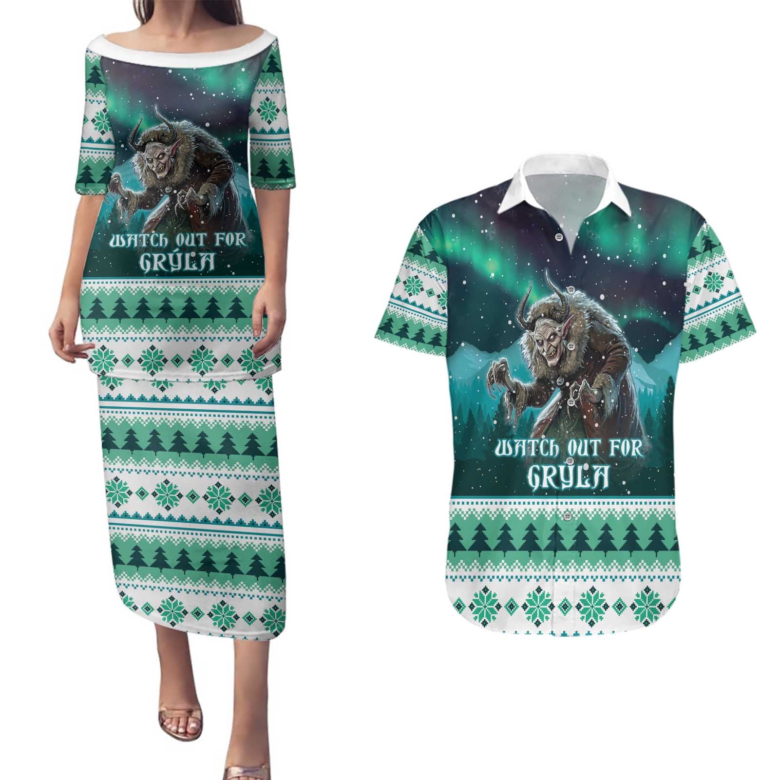 Iceland Christmas Couples Matching Puletasi and Hawaiian Shirt Icelandic Folklore Evil Mother Gryla LT05 - Wonder Print Shop