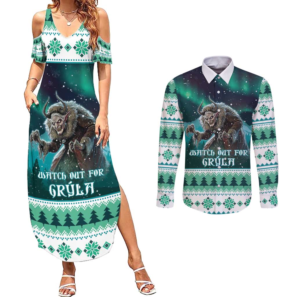 Iceland Christmas Couples Matching Summer Maxi Dress and Long Sleeve Button Shirt Icelandic Folklore Evil Mother Gryla LT05 - Wonder Print Shop