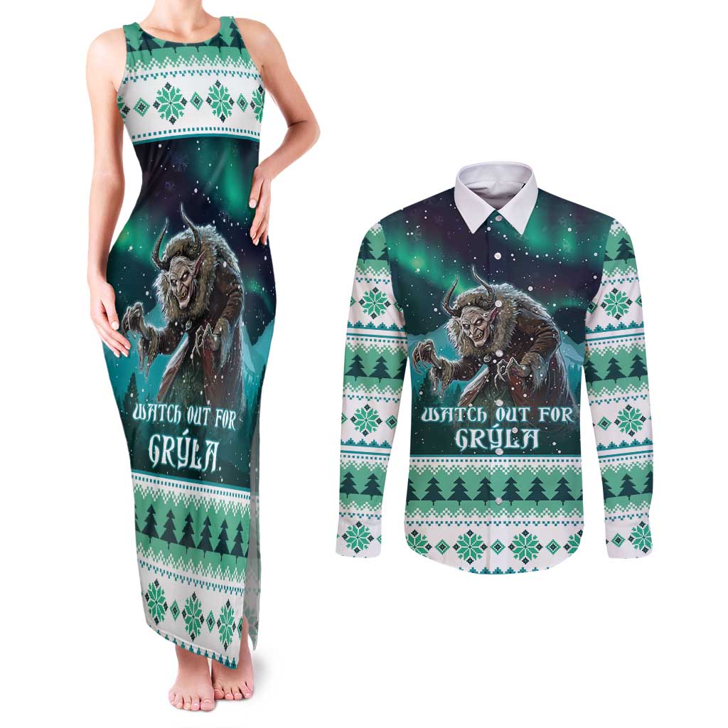 Iceland Christmas Couples Matching Tank Maxi Dress and Long Sleeve Button Shirt Icelandic Folklore Evil Mother Gryla LT05 - Wonder Print Shop