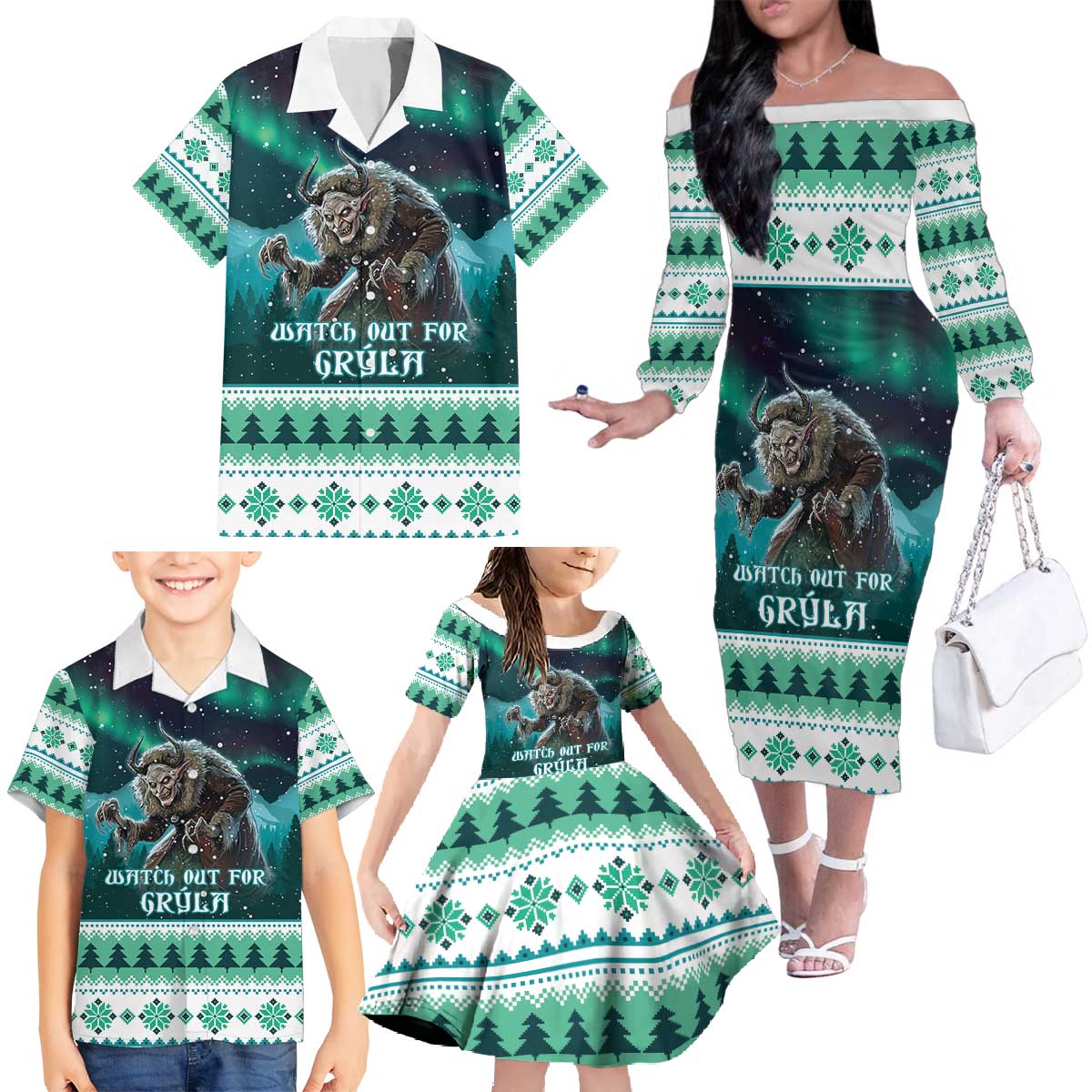 Iceland Christmas Family Matching Off The Shoulder Long Sleeve Dress and Hawaiian Shirt Icelandic Folklore Evil Mother Gryla LT05 - Wonder Print Shop