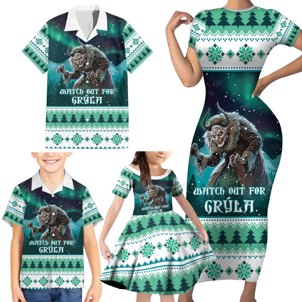 Iceland Christmas Family Matching Short Sleeve Bodycon Dress and Hawaiian Shirt Icelandic Folklore Evil Mother Gryla LT05 - Wonder Print Shop