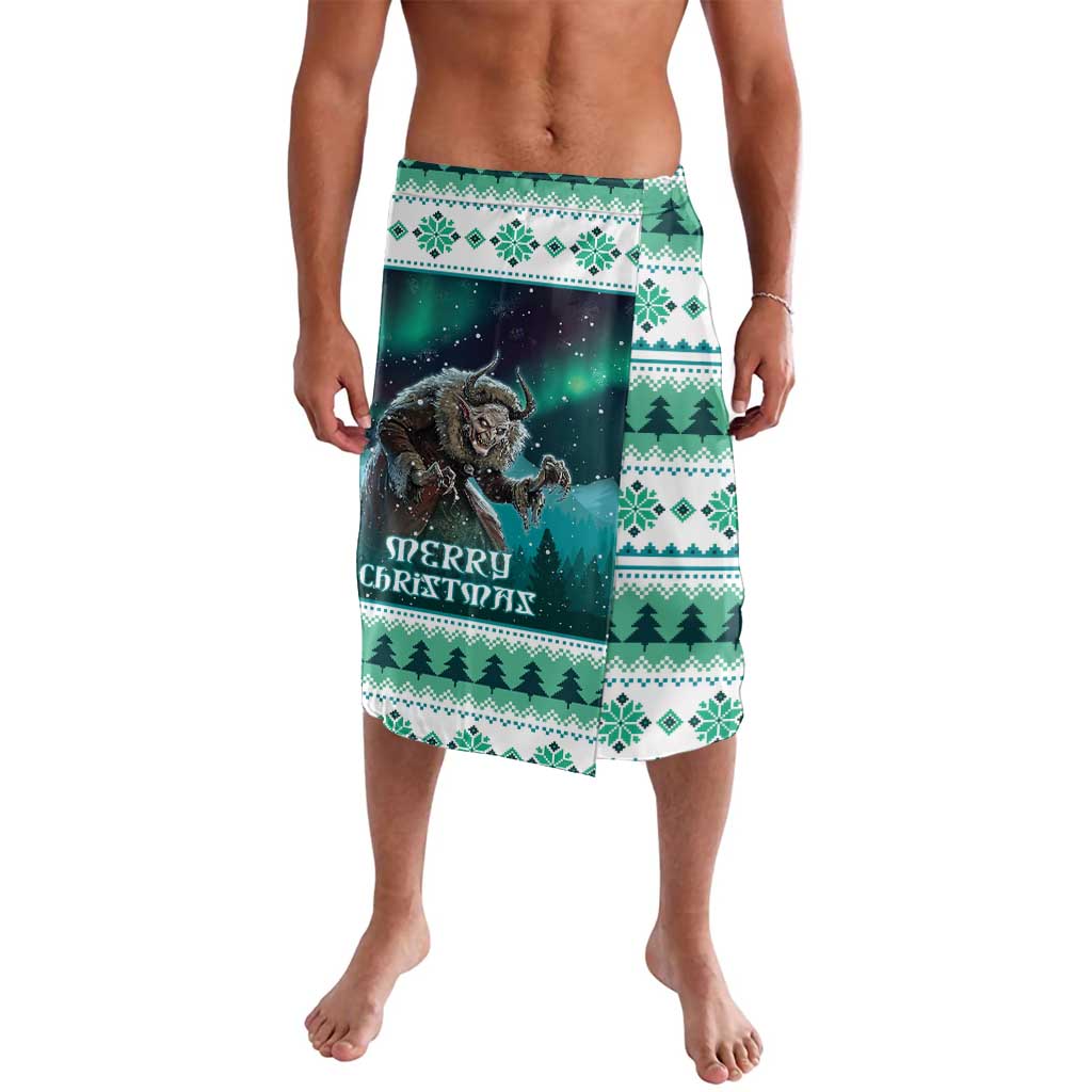 Green Christmas sarong with Gryla figure and tree border print