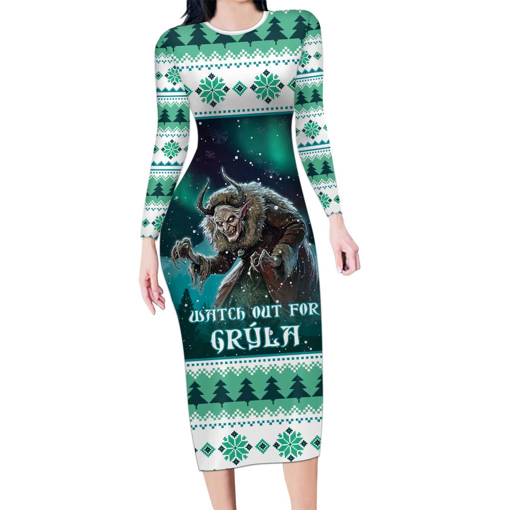 Iceland Christmas Long Sleeve Bodycon Dress Icelandic Folklore Evil Mother Gryla LT05 - Wonder Print Shop