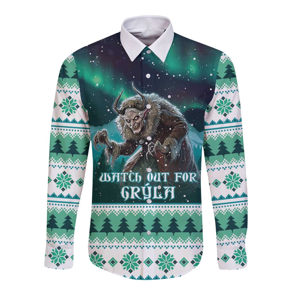 Green long-sleeve button shirt with Gryla-style monster graphic and festive knit pattern
