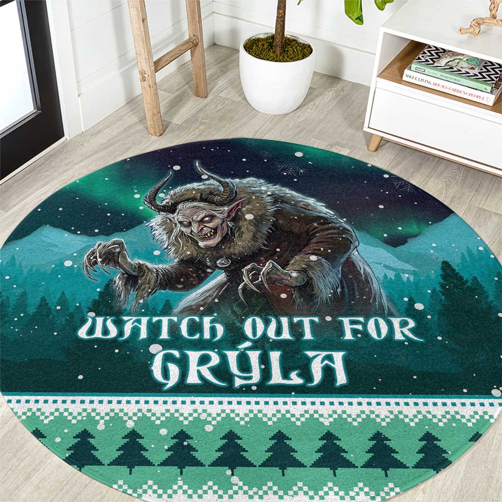 Round teal Christmas rug with Gryla monster artwork and 'Watch out for Gryla' text