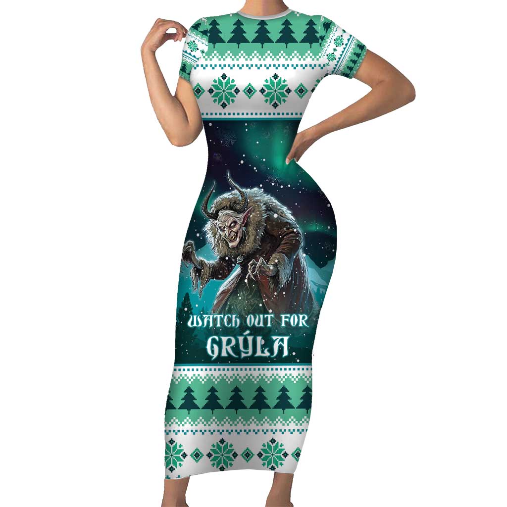 Iceland Christmas Short Sleeve Bodycon Dress Icelandic Folklore Evil Mother Gryla