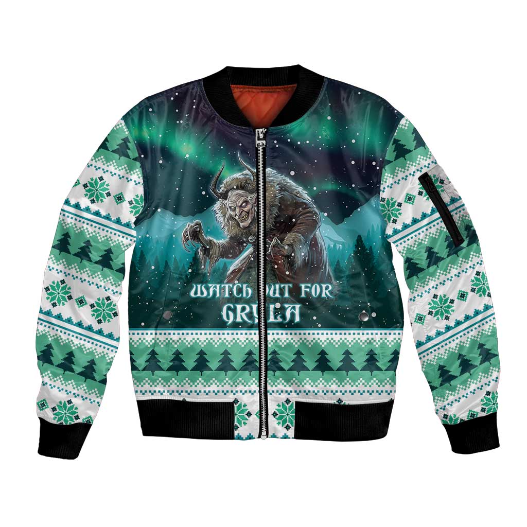 Iceland Christmas Sleeve Zip Bomber Jacket Icelandic Folklore Evil Mother Gryla