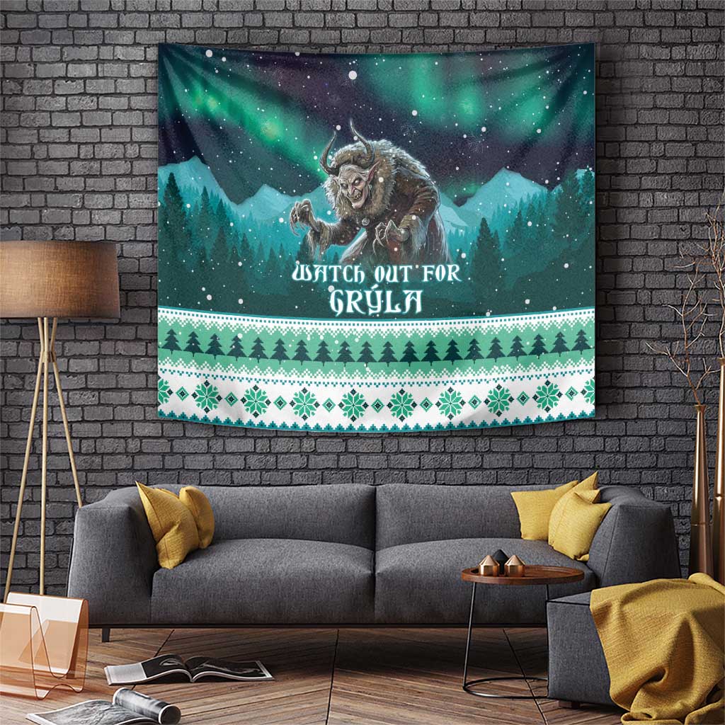 Christmas tapestry with Grýla folklore print, snowy mountains, pine trees, and green border.